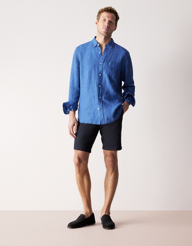 Trenery - Regular Fit Delave Linen Long Sleeve Shirt in Mineral Blue