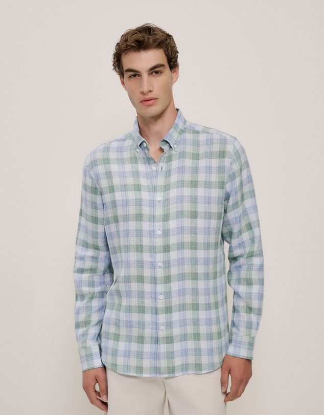 Trenery - Regular Fit Yarn Dyed Linen Check Shirt in Sage Green