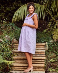 Angel Maternity - Natalie Maternity Ruffled Neckline Eyelet Dress in Lilac