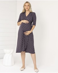Angel Maternity - Eve Maternity Midi Wrap Dress in Brown Polka Dots