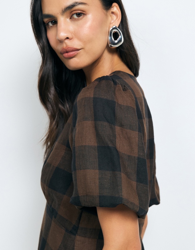 AERE - Inka Linen Gingham Puff Sleeve Midi Dress