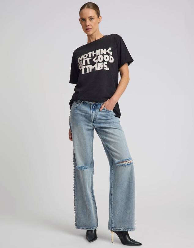 ONE TEASPOON - 25th Anniversary Jackson Mid Waist Wide Leg Studded Denim Jeans - Salty Dog