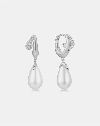 Ania Haie - Silver Sparkling Duet Mixed Shell Pearl Drop Huggie Earrings