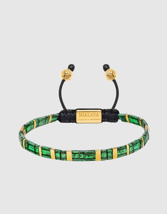 Nialaya Jewellery - Men's Bracelet with Marbled Green and Gold Miyuki Tila Beads