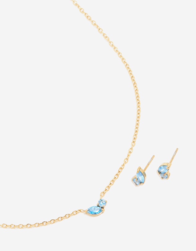Lovisa - Waterproof Gold Plated Stainless Steel December Cubic Zirconia Blue Birthstone Necklace & Earrings Set