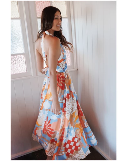 Petal & Pup - Juliana Halterneck Midi Dress - Blue Red Geo Tropic