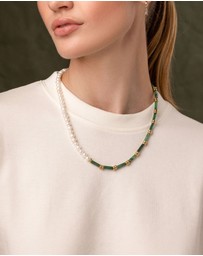 Nialaya Jewellery - Beaded Necklace with Freshwater Pearls and Green Jade