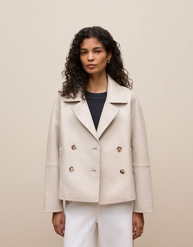 Trenery - Leather Double Breasted Cropped Jacket in Stone