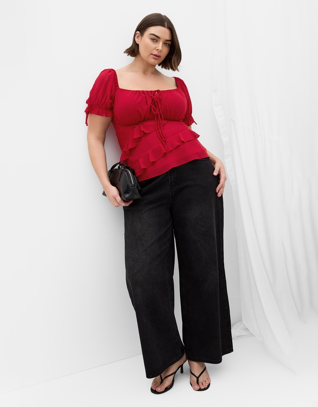 City Chic - Plus size Shayla Short Sleeve Frill Top - love red