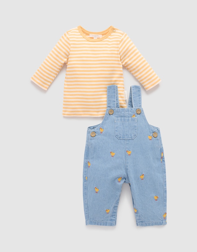 Purebaby - Chook Embroidered Denim Overall Set -Kids-Babies