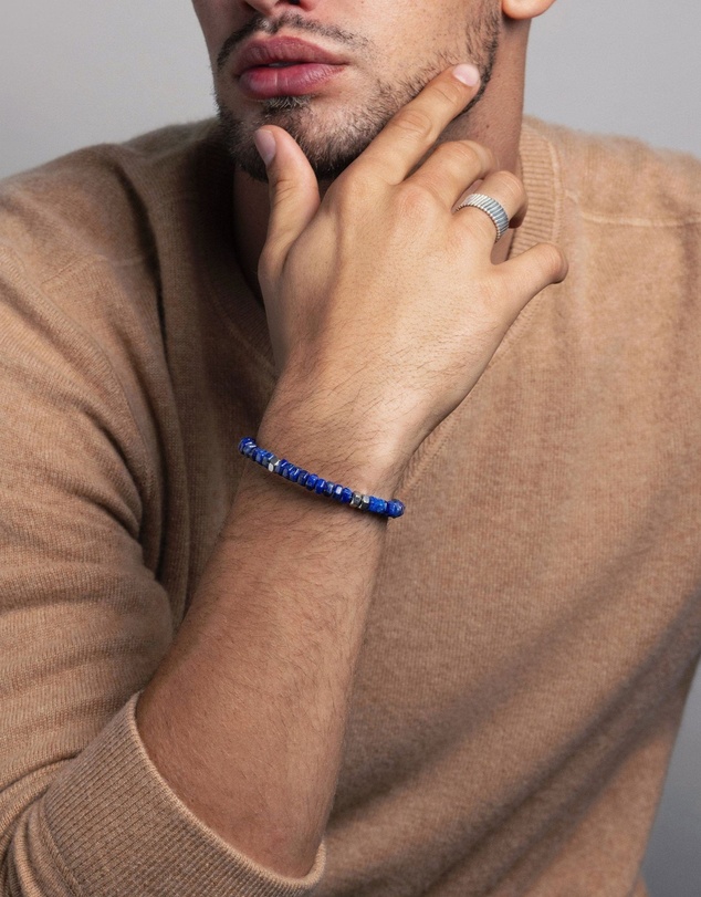 Nialaya Jewellery - Men's Hexagon Beaded Bracelet with Blue Lapis and Silver