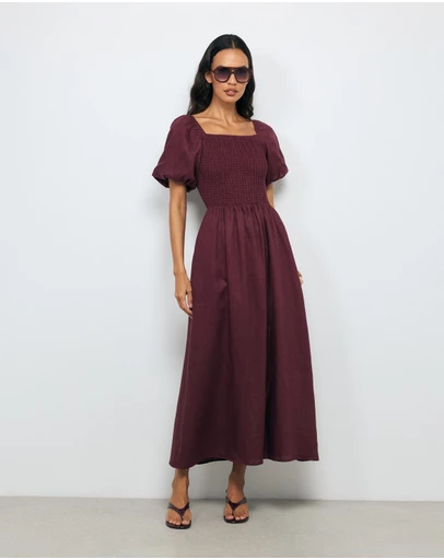AERE - Olana Shirred Linen Midi Dress