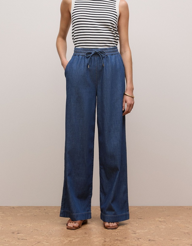 Trenery - Soft Denim Drawcord Pant in Mid Blue