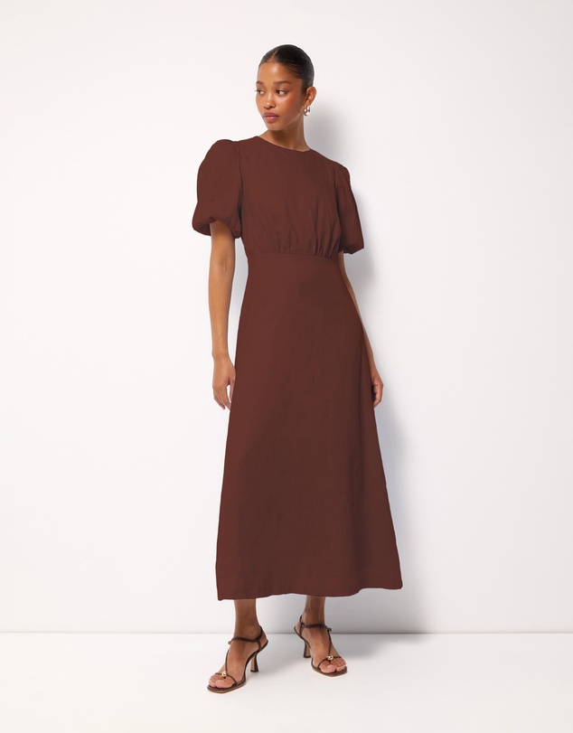 AERE - Elowen Linen Puff Sleeve Midi Dress