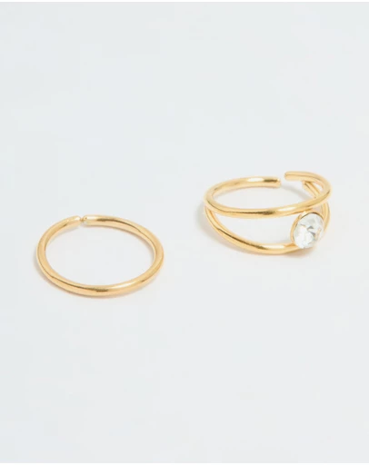 Lovisa - Gold Plated Surgical Steel Cubic Zirconia Layered & Smooth Nose Rings 2-Pack