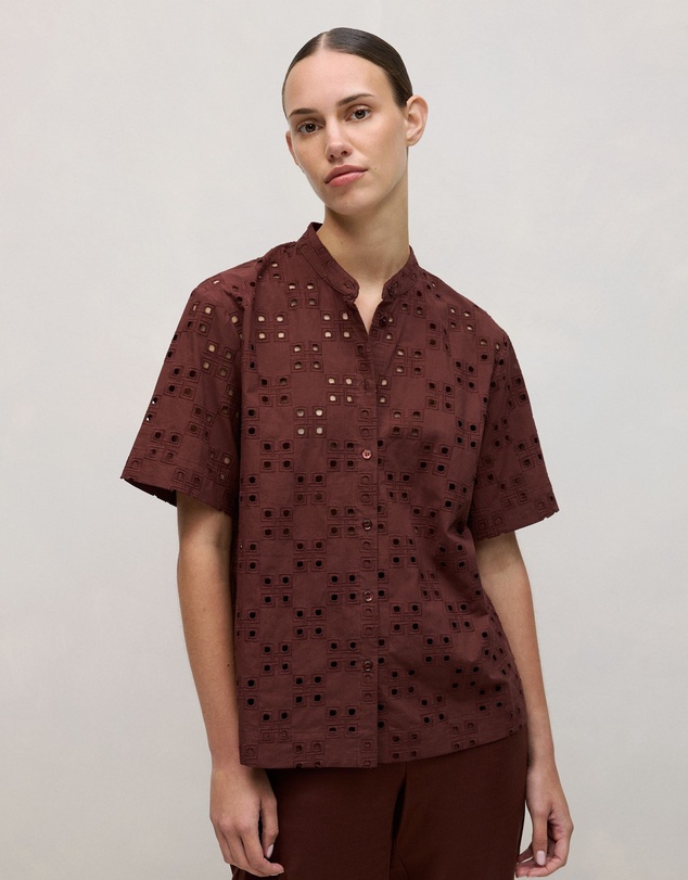 Trenery - Cotton Geo Cutwork Short Sleeve Shirt in Espresso