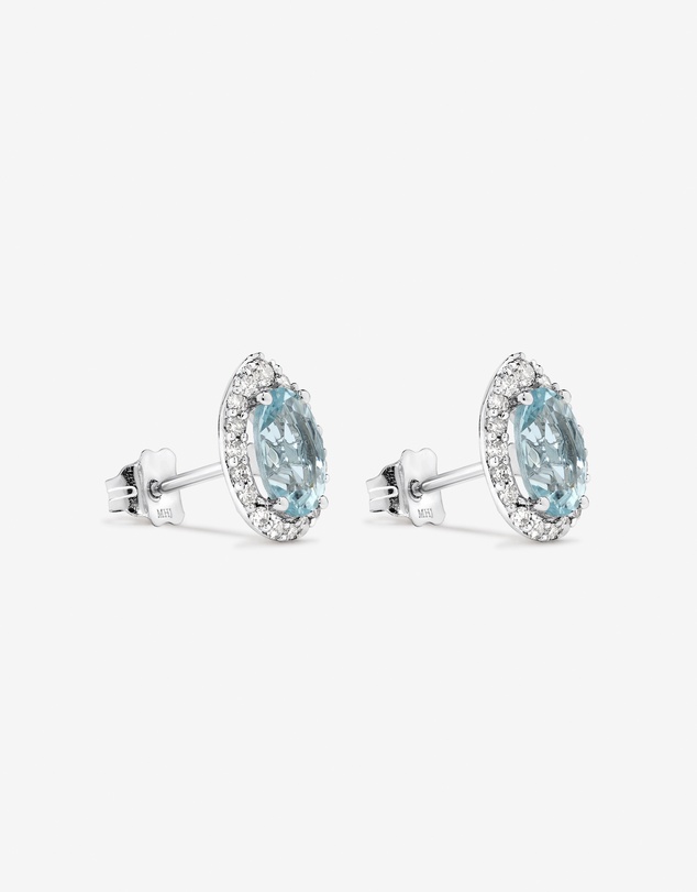 Michael Hill - Oval Cut Blue Aquamarine Gemstone and 0.27 Carat TW Diamond Halo Stud Earrings in 10kt White Gold