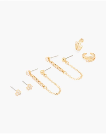 Lovisa - Gold Plated Brass Cubic Zirconia Chain Earrings & Ear Cuffs 3-Pack