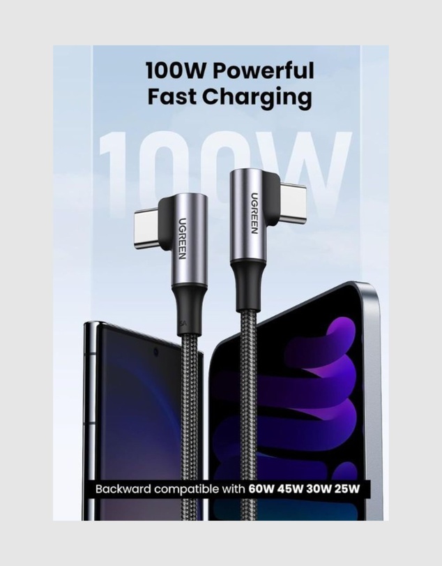 Ugreen - UGREEN 90 Degree Angle USB-C to 90 Degree Angle USB-C Braided Cable 1m