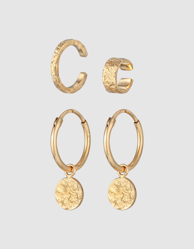 Elli Jewelry - Hammered Disc Earring and Ear Cuff Set in Gold-Plated 925 Silver