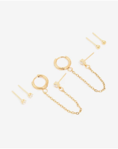 Lovisa - Waterproof Gold Plated Stainless Steel Diamante Stud & Chain Earrings 3-Pack