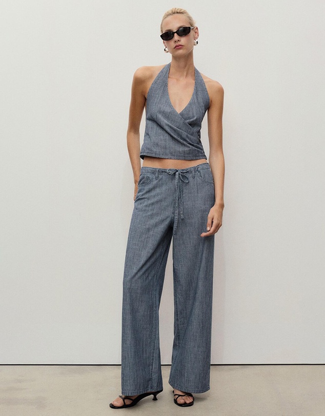 M.N.G - Striped Crossover Denim Top