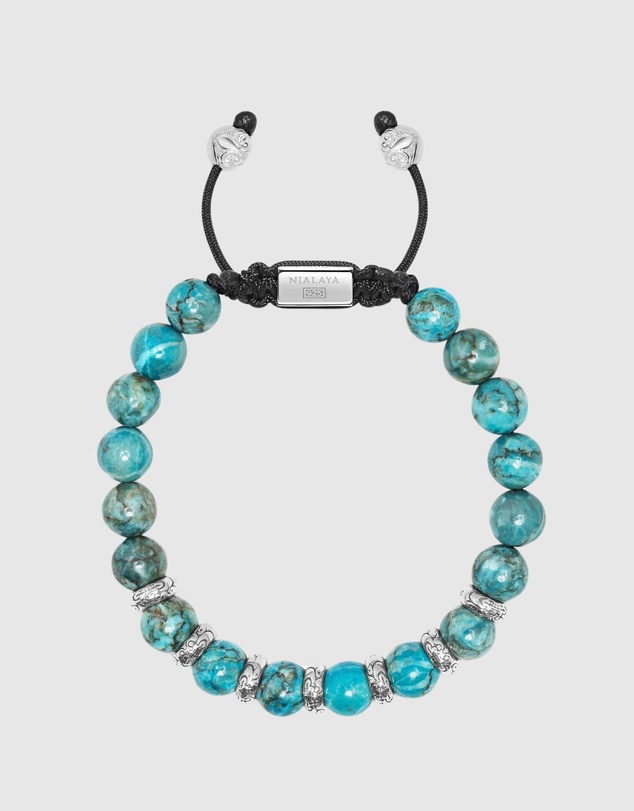 Nialaya Jewellery - Men's Sterling Silver Beaded Bracelet with Turquoise