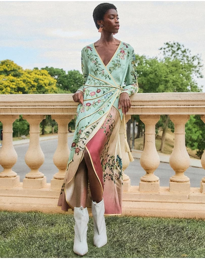 Farm Rio - Birds Tree Mix Maxi Long Sleeve Dress