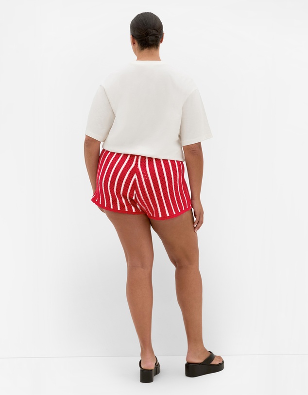 City Chic - Plus Size Issy Crochet Knit Stripe Short - red