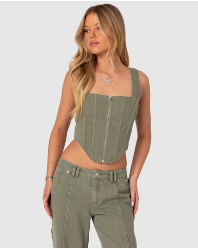 EDIKTED - Lottie Washed Denim Zip Corset