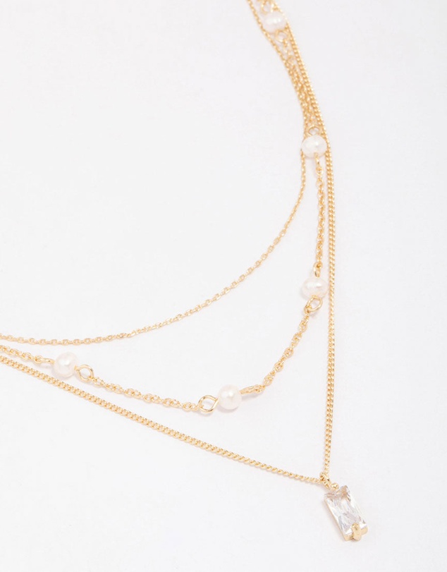Lovisa - Gold Plated Brass Trio Pearl Baguette Layered Necklace