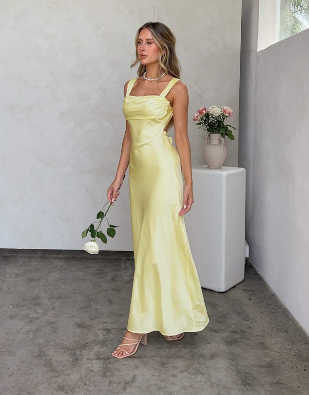 Beginning Boutique - Laria Yellow Satin Formal Maxi Dress
