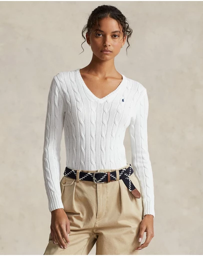 Polo Ralph Lauren - Kimberly Cable Knit Cotton V-Neck Sweater