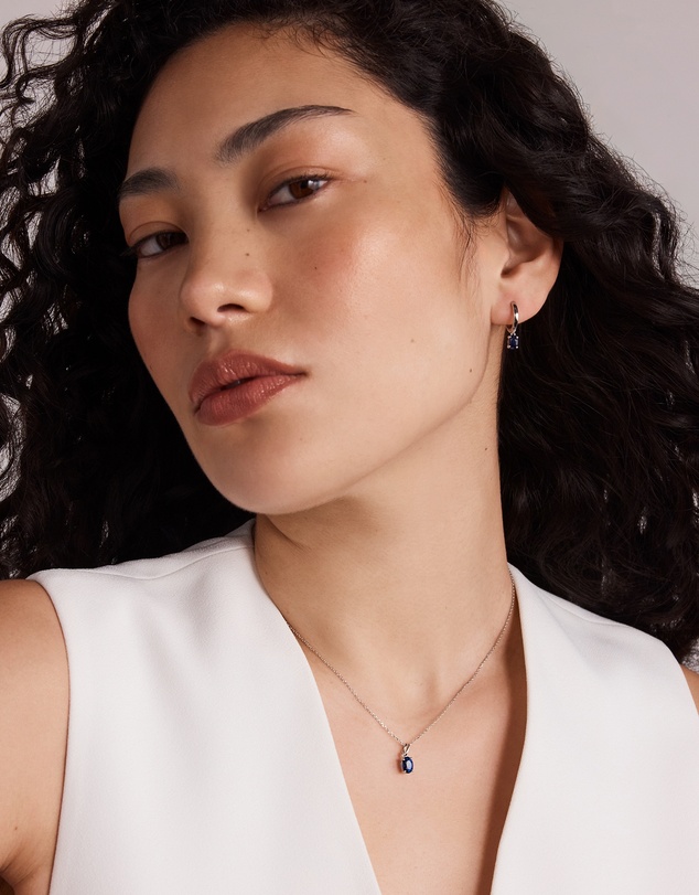 Michael Hill - Oval Cut Blue Created Sapphire Gemstone Hoop Earrings and Pendant Necklace Set in Sterling Silver