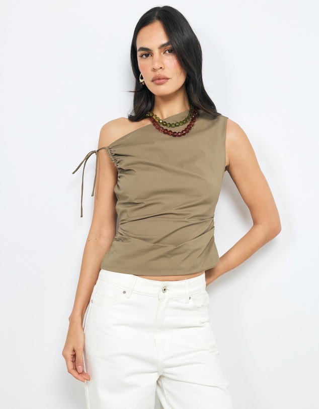 AERE - Evie Asymmetric Ruched Poplin Top