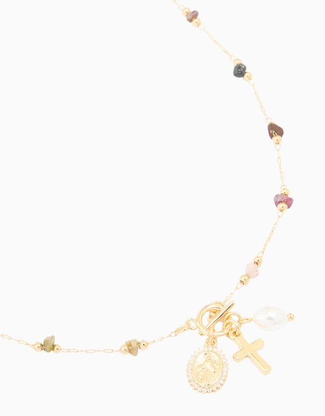 Lovisa - Gold Plated Multicoloured Semi Precious Stone Freshwater Pearl Cross Charm Necklace