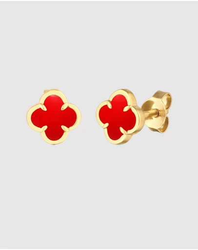 Elli Jewelry - Red Enamel Cloverleaf Stud Earrings in Gold-Plated 925 Silver