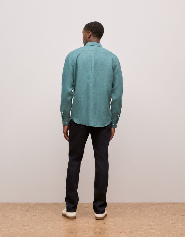 Trenery - Regular Fit Linen Micro Check Long Sleeve Shirt in Jade Green
