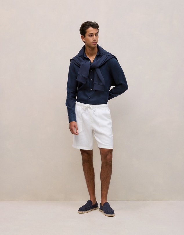 Trenery - Tailored Fit Linen Long Sleeve Shirt in Navy