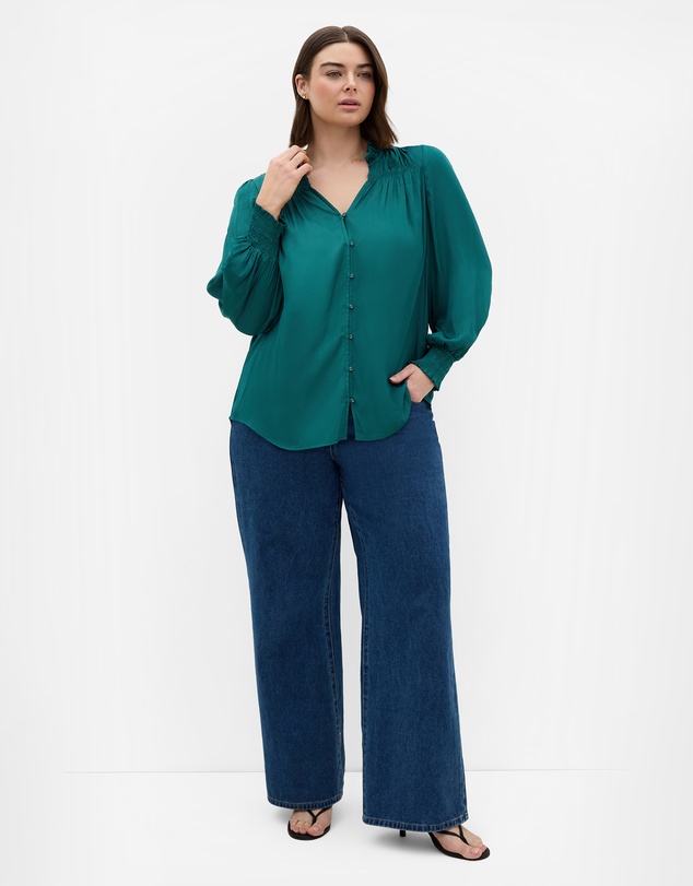 City Chic - Plus size Bringing Drama Long Sleeve Shirt - emerald