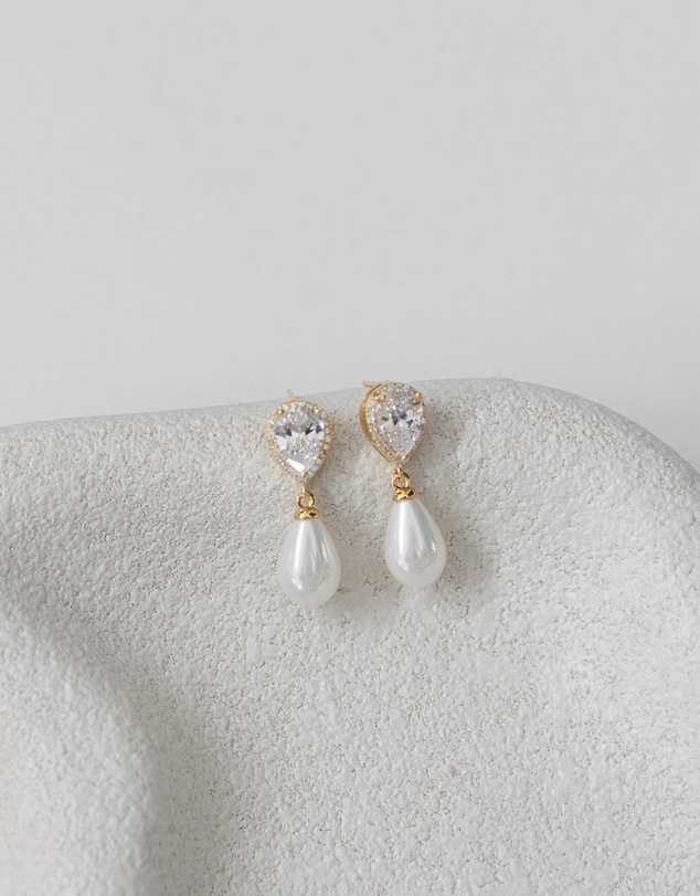 The White Collection - Sara - Elegant Gold Pearl Bridal Earrings