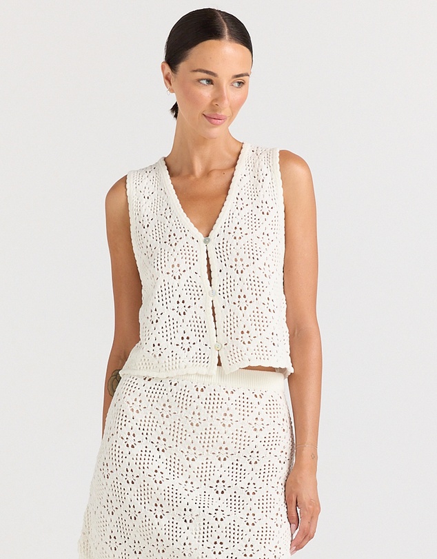 Poolside Paradiso - Messina Crochet V Knit Button Up Top - Vanilla