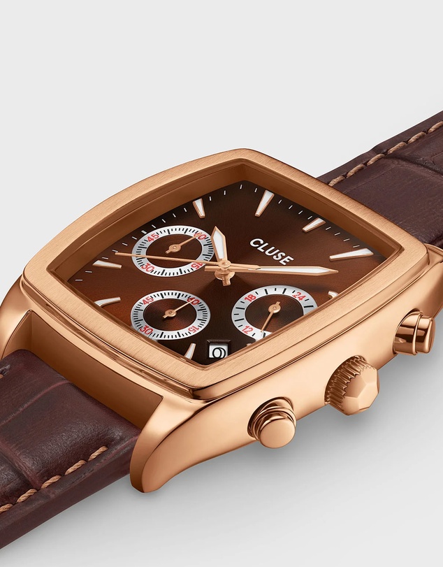 Cluse - Quartaut Chrono Watch leather, Brown, Rose gold Colour