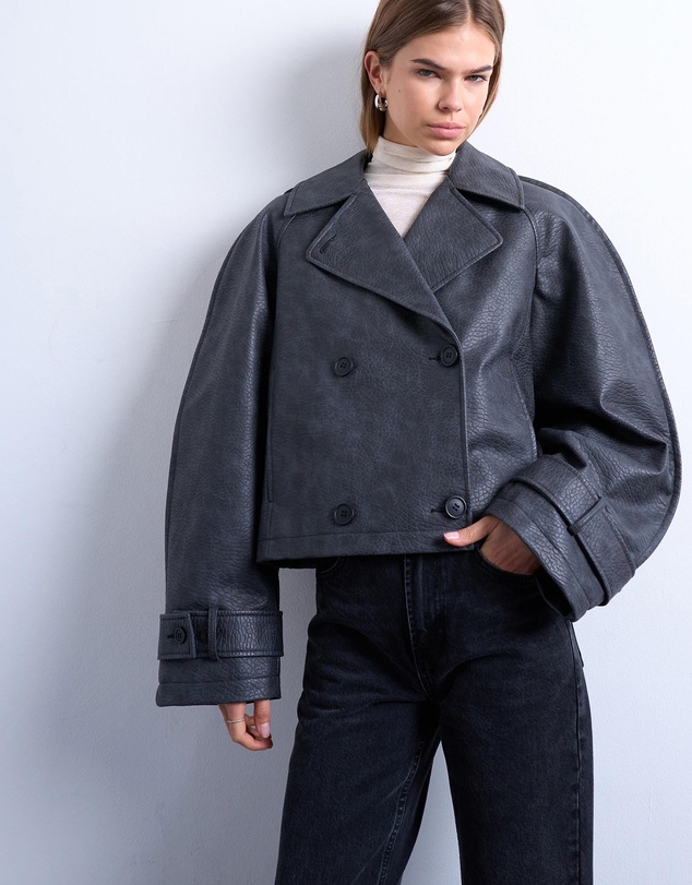 TOPSHOP - Faux Leather Ovoid Sleeve Short Trench Jacket