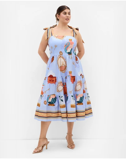 City Chic - Casey Beauty Print Border Dress - Baby Blue
