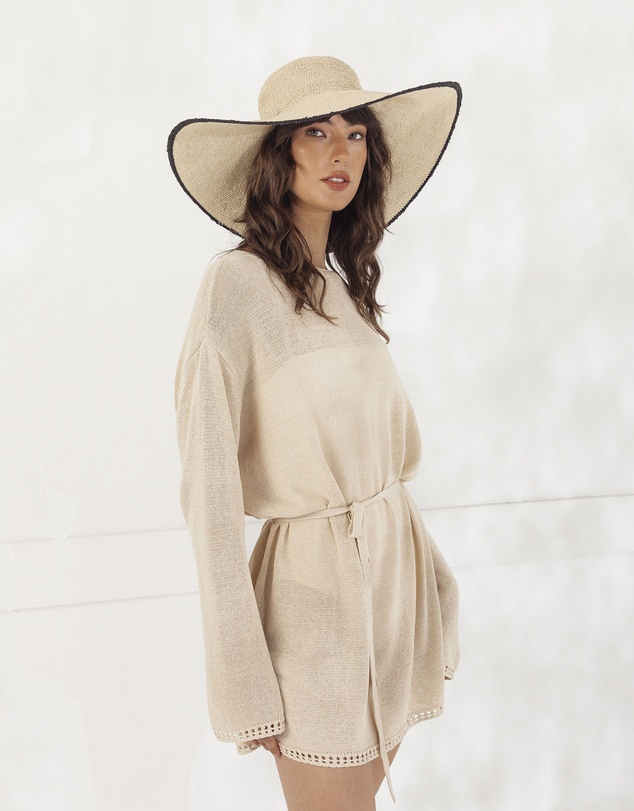 Morgan & Taylor - Raegan Crochet Straw Sun Hat in Natural Beige and Black Stripe