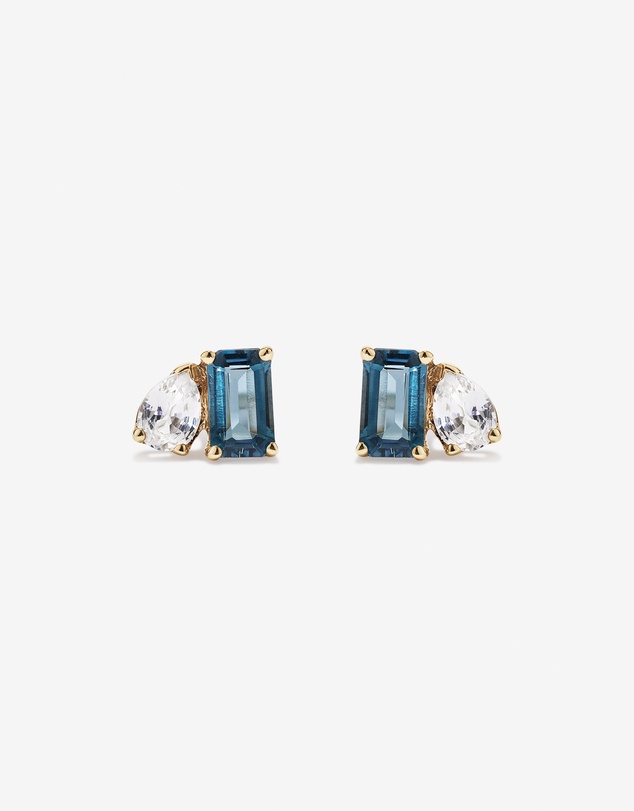 Michael Hill - Pear-Cut White Sapphire and Emerald-Cut London Blue Topaz Toi Et Moi  Earrings in 10kt Yellow Gold