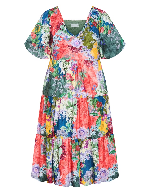 City Chic - Plus size Fantasy Berry Floral Print V Neck Dress - sage