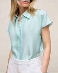 Trenery - Silk Twill Cap Sleeve Shirt in Pastel Blue