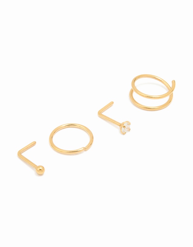 Lovisa - Gold Plated Titanium Simple Mixed Nose Studs & Nose Rings 4-Pack